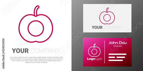 Logotype line Peach fruit or nectarine with leaf icon isolated on white background. Logo design template element. Vector