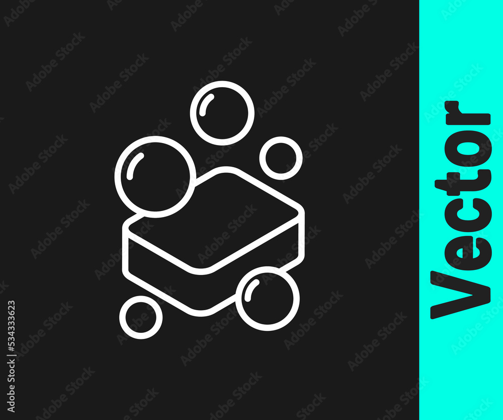 White line Bar of soap icon isolated on black background. Soap bar with bubbles. Vector White line Bar of soap icon isolated on black background. Soap bar with bubbles. Vector