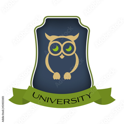 Frame with owl and green ribbon, science logo, university