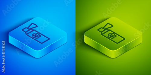 Isometric line Air freshener spray bottle icon isolated on blue and green background. Air freshener aerosol bottle. Square button. Vector
