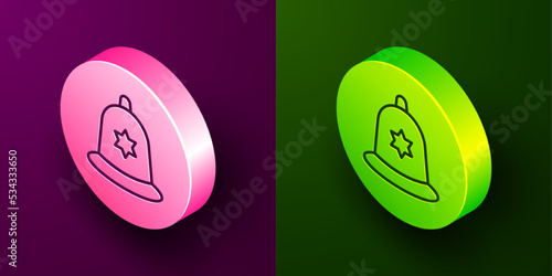 Isometric line British police helmet icon isolated on purple and green background. Circle button. Vector