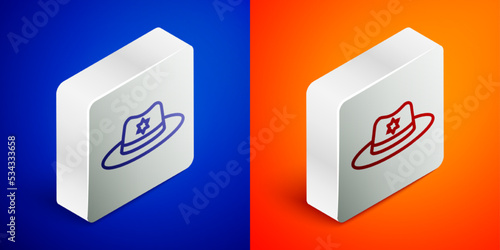 Isometric line Sheriff hat with badge icon isolated on blue and orange background. Silver square button. Vector