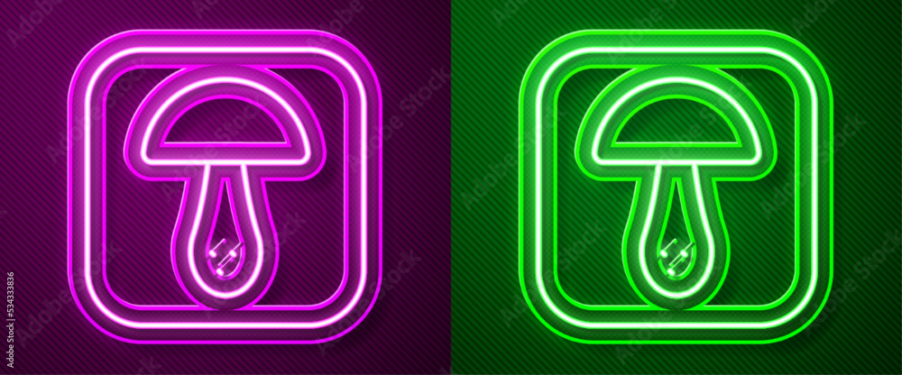 Glowing neon line Mushroom icon isolated on purple and green background. Vector Glowing neon line Mushroom icon isolated on purple and green background. Vector