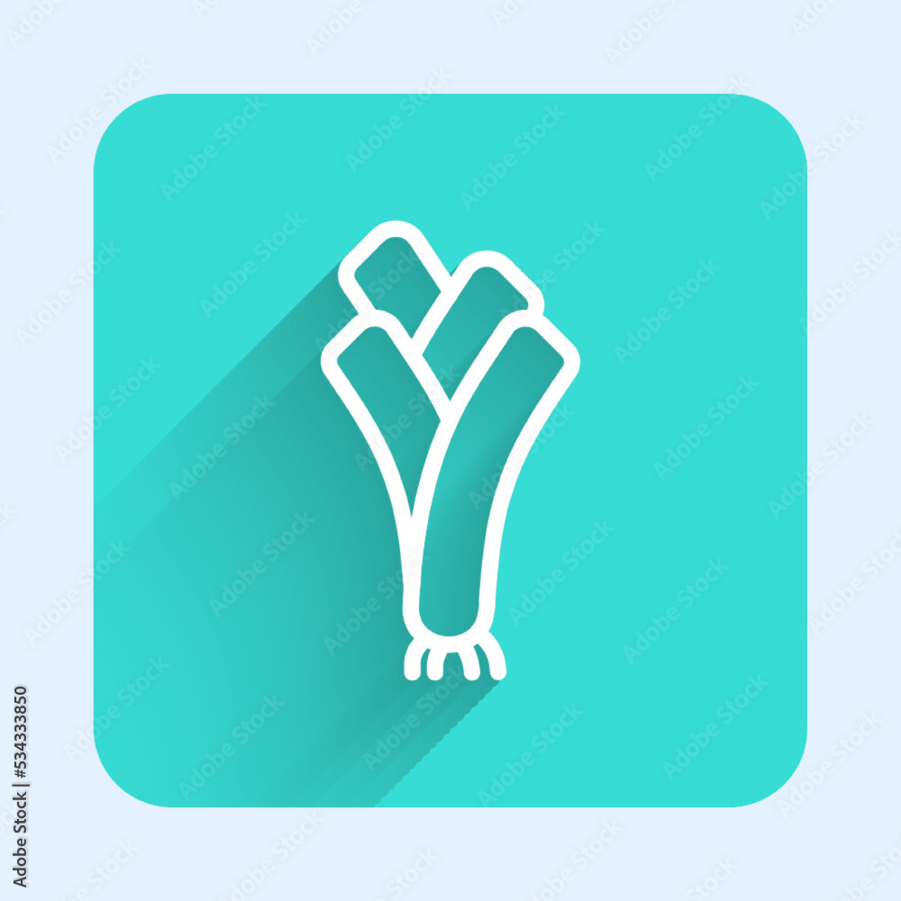 White line Leek icon isolated with long shadow background. Green square button. Vector White line Leek icon isolated with long shadow background. Green square button. Vector