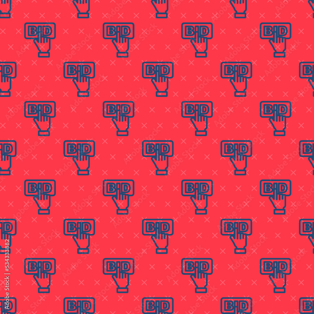 Obraz premium Blue line Bid icon isolated seamless pattern on red background. Auction bidding. Sale and buyers. Vector
