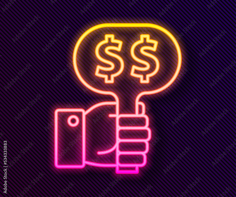 Glowing neon line Hand holding auction paddle icon isolated on black background. Bidding concept. Auction competition. Hands rising signs with BID inscriptions. Vector Glowing neon line Hand holding auction paddle icon isolated on black background. Bidding concept. Auction competition. Hands rising signs with BID inscriptions. Vector