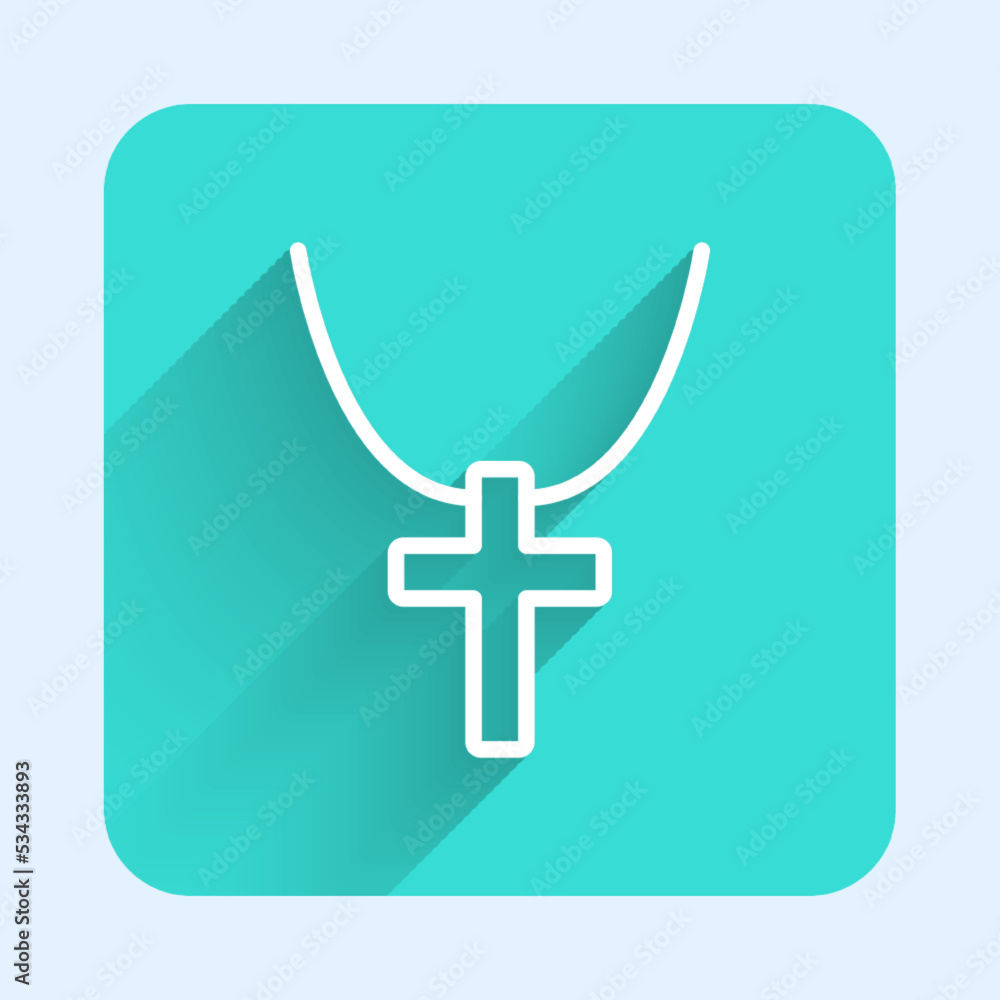 Fototapeta premium White line Christian cross on chain icon isolated with long shadow background. Church cross. Green square button. Vector