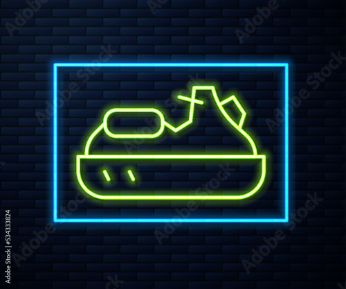 Glowing neon line Jet ski icon isolated on brick wall background. Water scooter. Extreme sport. Vector