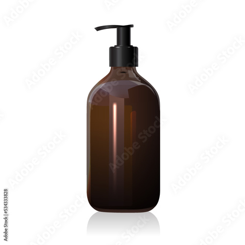 Blank brown glass bottle mockup with pump isolated on white background. Dark amber glass package. Realistic shampoo or soap dispenser. 3d vector healthcare mockup template