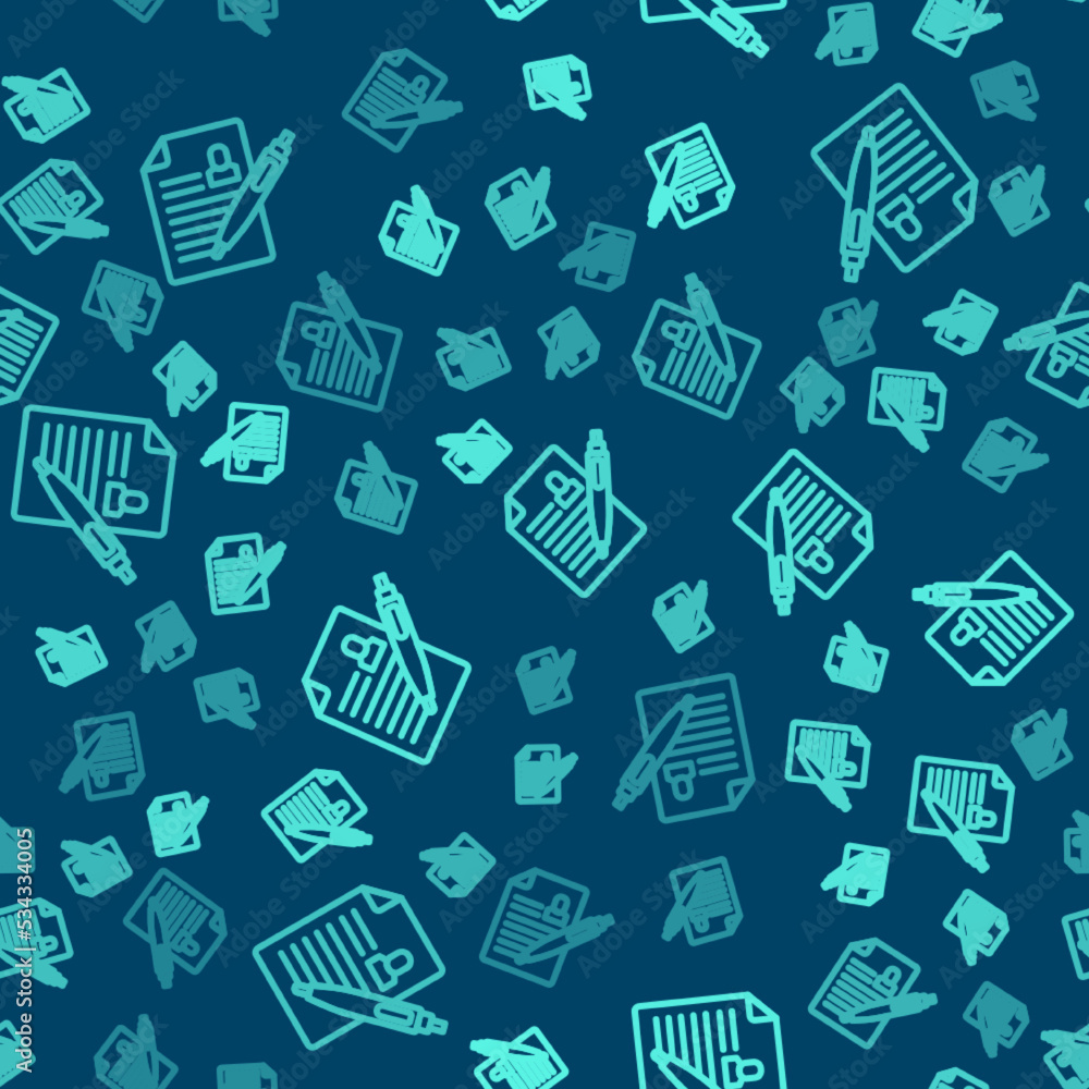 Green line Resume icon isolated seamless pattern on blue background. CV application. Searching professional staff. Analyzing personnel resume. Vector Green line Resume icon isolated seamless pattern on blue background. CV application. Searching professional staff. Analyzing personnel resume. Vector
