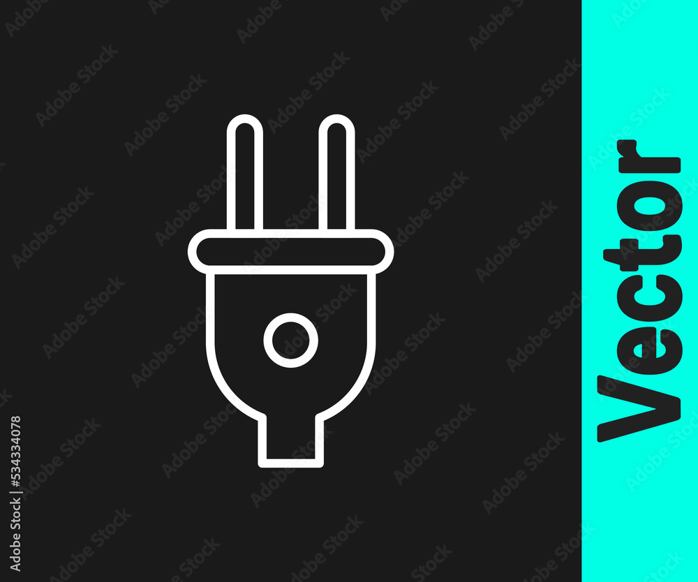 White line Electric plug icon isolated on black background. Concept of connection and disconnection of the electricity. Vector White line Electric plug icon isolated on black background. Concept of connection and disconnection of the electricity. Vector