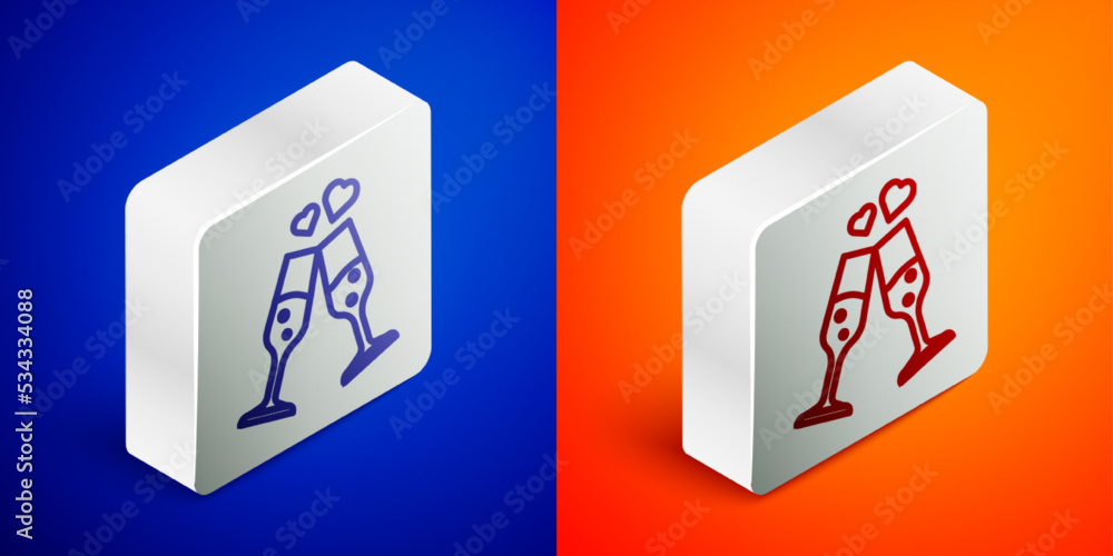 Isometric line Glass of champagne icon isolated on blue and orange background. Happy Valentines day. Silver square button. Vector Isometric line Glass of champagne icon isolated on blue and orange background. Happy Valentines day. Silver square button. Vector
