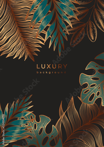 Luxury gold template with tropical plants. Golden linear fern, palm leaf, ficus branch, monstera. Poster with leaves with veins on black background