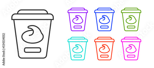 Black line Yogurt container icon isolated on white background. Yogurt in plastic cup. Set icons colorful. Vector