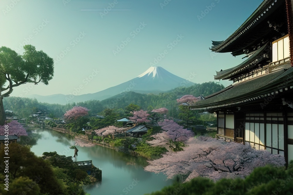 Obraz premium Traditional Japanese house with blossoms