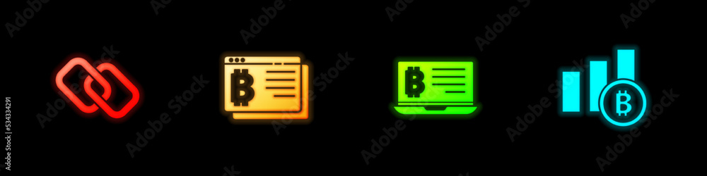 Set Chain link, Bitcoin browser, Mining bitcoin from laptop and Pie chart infographic icon. Vector Set Chain link, Bitcoin browser, Mining bitcoin from laptop and Pie chart infographic icon. Vector