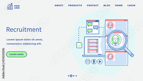 Human resource management and hiring concept. Job interview, recruitment agency program design. Web site for job search and employment opportunity. Selection of candidates, emploees via Internet