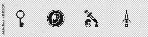 Set Old key, Ancient coin, Sword with blood and Dagger icon. Vector