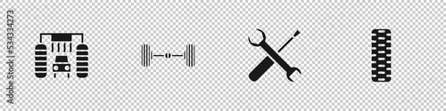 Set Car wash, Chassis car, Screwdriver and wrench spanner and tire wheel icon. Vector