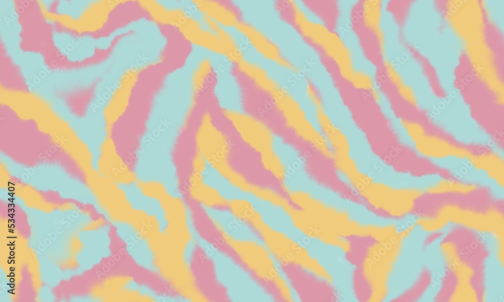 Abstract blurred zebra seamless pattern. Watercolor stains in pastel colors. Blue, orange, pink soft colorful stripes