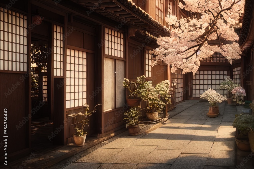 Traditional Japanese house with blossoms