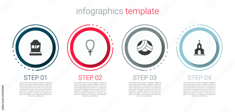 Set Tombstone with RIP written, Christian cross chain, Memorial wreath and Church building. Business infographic template. Vector Set Tombstone with RIP written, Christian cross chain, Memorial wreath and Church building. Business infographic template. Vector