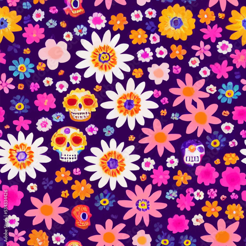 A repeatable  seamless pattern of flowers and skulls   Calavera de azucar . Perfect for wallpapers  wrappings  cards etc.