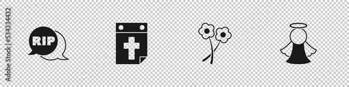 Set Speech bubble rip death, Calendar, Flower and Angel icon. Vector