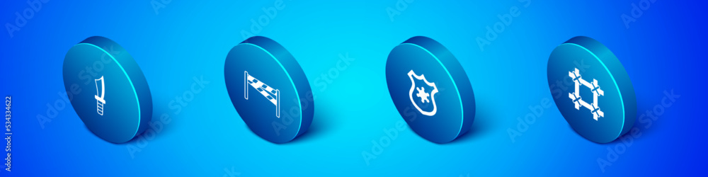 Set Isometric Military knife, Police badge, Prison window and Crime scene icon. Vector Set Isometric Military knife, Police badge, Prison window and Crime scene icon. Vector