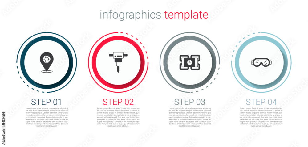 Set Gem stone, Construction jackhammer, Dynamite and Safety goggle glasses. Business infographic template. Vector Set Gem stone, Construction jackhammer, Dynamite and Safety goggle glasses. Business infographic template. Vector