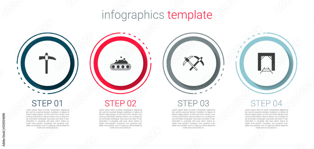 Set Pickaxe, Conveyor belt carrying coal, and Mine entrance. Business infographic template. Vector Set Pickaxe, Conveyor belt carrying coal, and Mine entrance. Business infographic template. Vector
