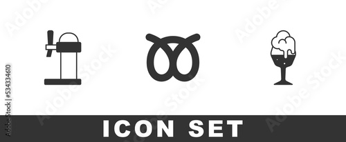 Set Dispenser beer, Pretzel and Glass of icon. Vector