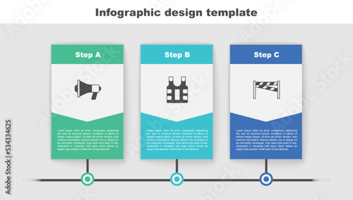 Set Megaphone, Bulletproof vest and Crime scene. Business infographic template. Vector