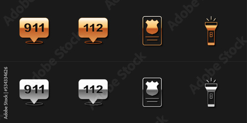 Set Telephone call 911, 112, Police badge with id case and Flashlight icon. Vector