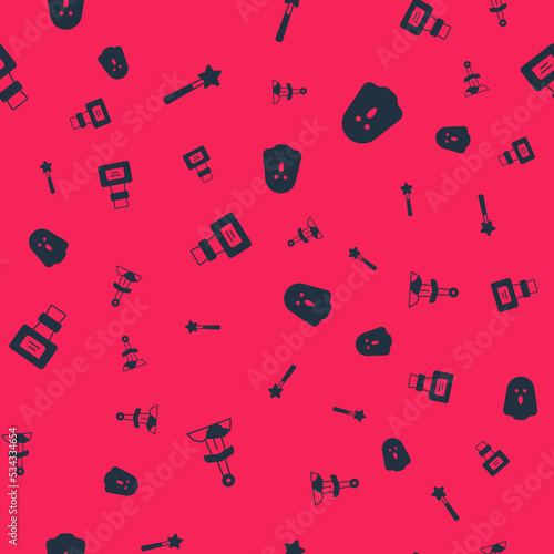 Set Sword in the stone, Magic wand, Bottle with potion and Ghost on seamless pattern. Vector