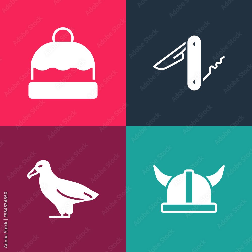 Set pop art Viking in horned helmet, Albatross, Swiss army knife and Beanie hat icon. Vector Set pop art Viking in horned helmet, Albatross, Swiss army knife and Beanie hat icon. Vector