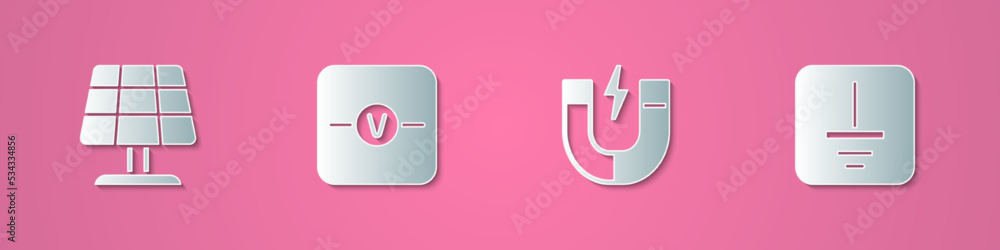 Set paper cut Solar energy panel, Voltmeter, Magnet and Electrical symbol ground icon. Paper art style. Vector Set paper cut Solar energy panel, Voltmeter, Magnet and Electrical symbol ground icon. Paper art style. Vector