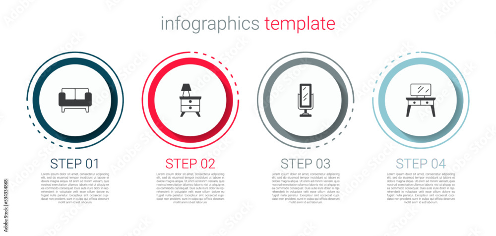 Set Sofa, Nightstand with lamp, Big full length mirror and Dressing table. Business infographic template. Vector Set Sofa, Nightstand with lamp, Big full length mirror and Dressing table. Business infographic template. Vector