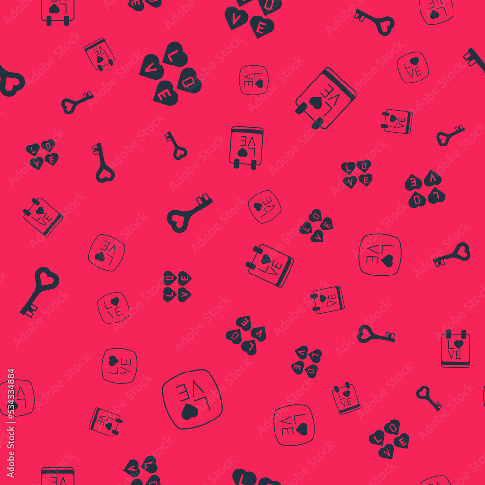 Set Love text, Key in heart shape and Calendar with February 14 on seamless pattern. Vector Set Love text, Key in heart shape and Calendar with February 14 on seamless pattern. Vector