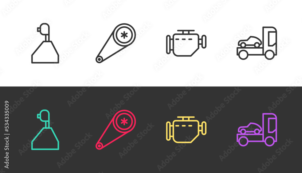 Set line Gear shifter, Timing belt kit, Check engine and Car transporter truck on black and white. Vector Set line Gear shifter, Timing belt kit, Check engine and Car transporter truck on black and white. Vector