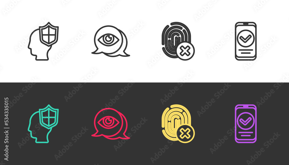 Set line Head with shield, Eye scan, Cancelled fingerprint and Smartphone on black and white. Vector Set line Head with shield, Eye scan, Cancelled fingerprint and Smartphone on black and white. Vector