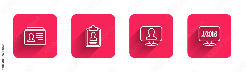Set line Resume, Clipboard with resume, Location person and Speech bubble job with long shadow. Red square button. Vector Set line Resume, Clipboard with resume, Location person and Speech bubble job with long shadow. Red square button. Vector