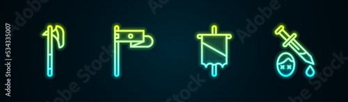 Set line Medieval axe, flag, and Sword with blood. Glowing neon icon. Vector
