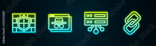 Set line Shield with brick wall, Browser incognito window, Server, Data, Web Hosting and Chain link. Glowing neon icon. Vector