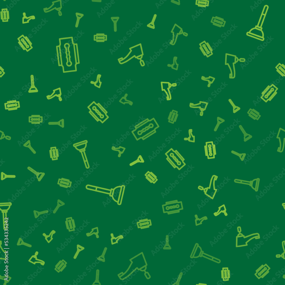 Set line Blade razor, Rubber plunger and Water tap on seamless pattern. Vector Set line Blade razor, Rubber plunger and Water tap on seamless pattern. Vector