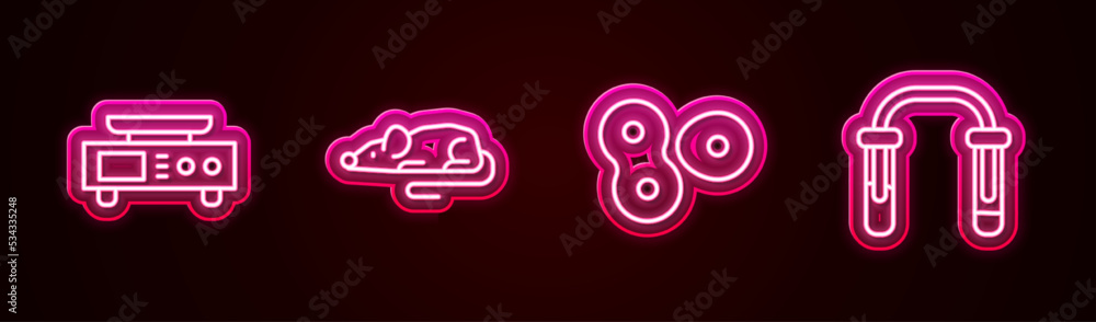 Set line Electronic scales, Experimental mouse, Cell division and Test tube and flask. Glowing neon icon. Vector Set line Electronic scales, Experimental mouse, Cell division and Test tube and flask. Glowing neon icon. Vector