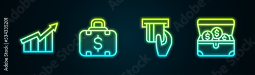 Set line Financial growth increase, Briefcase and money, Credit card inserted and Treasure chest. Glowing neon icon. Vector