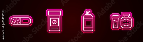Set line Vitamin pill, Anabolic drugs, Punching bag and Sports nutrition. Glowing neon icon. Vector