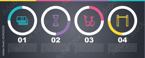 Set line Towel stack, Old hourglass, Stationary bicycle and Horizontal bar. Business infographic template. Vector