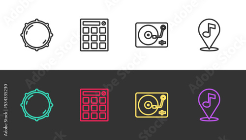 Set line Dial knob level, Drum machine, Vinyl player with vinyl disk and Location musical note on black and white. Vector